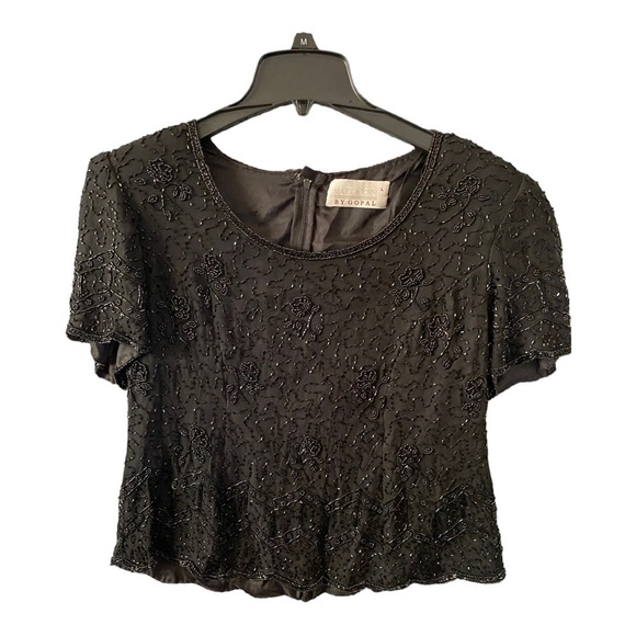 Black Evening Top - Beaded - 100% PURE SILK SIZE L Mark and John By Gopal - Picture 1 of 8